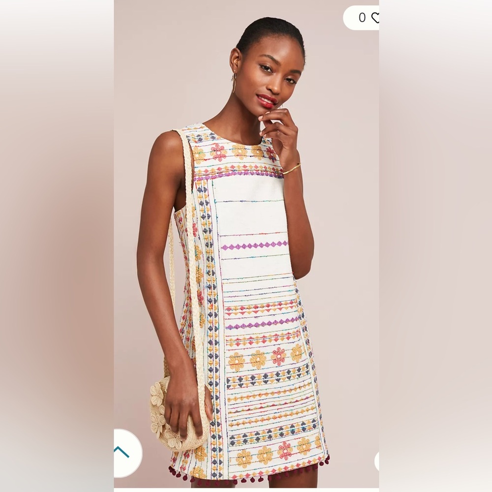 Anthropologie Cream Embroidered Mini Dress with Multicolor Trim